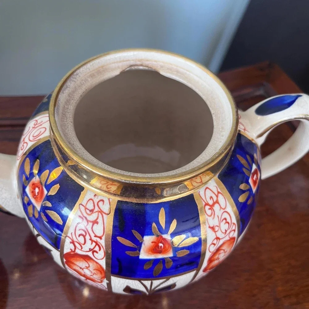 Sudlows Burlesom Gaudy Welsh‎ Tea Pot Cobalt Blue, rust and gold pattern